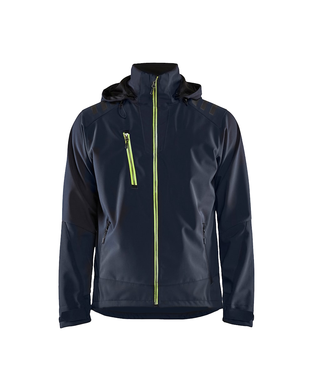 Blåkläder õhuke tumedate helkuritega softshell jakk pika luku ja kapuutsiga tumesinine/neoonkollane