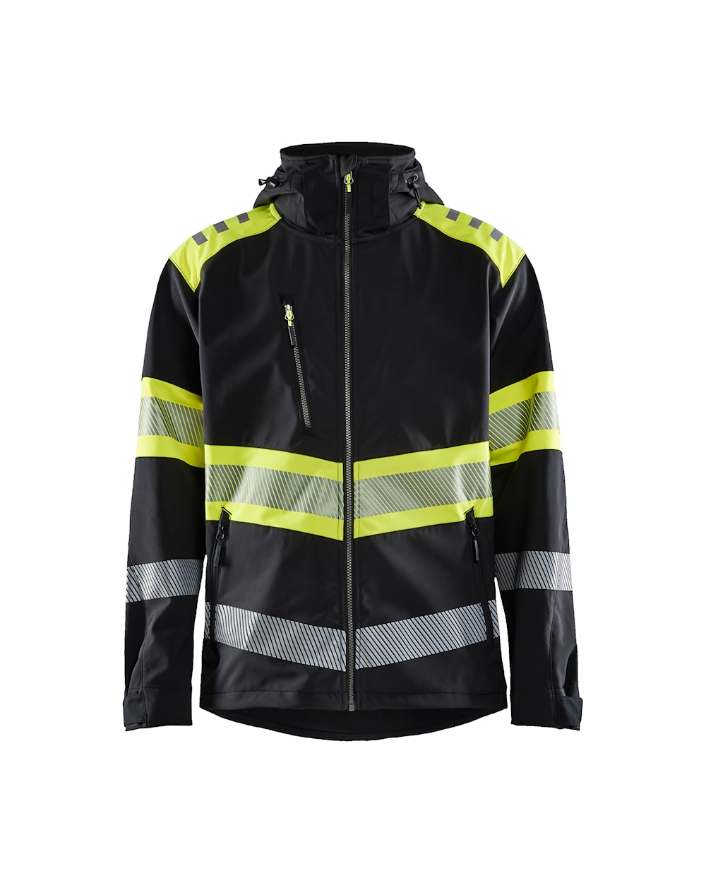 Blåkläder softshell jakk kapuutsiga Hi-Vis kl.1 must/neoonkollane